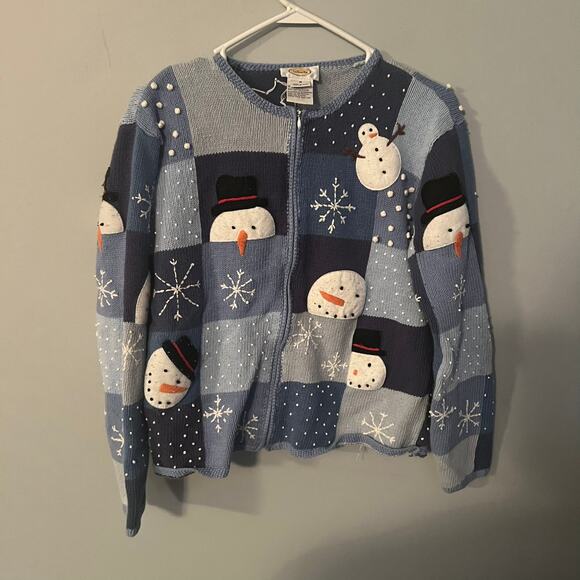 Talbots Full Zip Snowman Winter Cardigan Sweater Womens Size Medium Blue & White - Picture 1 of 8
